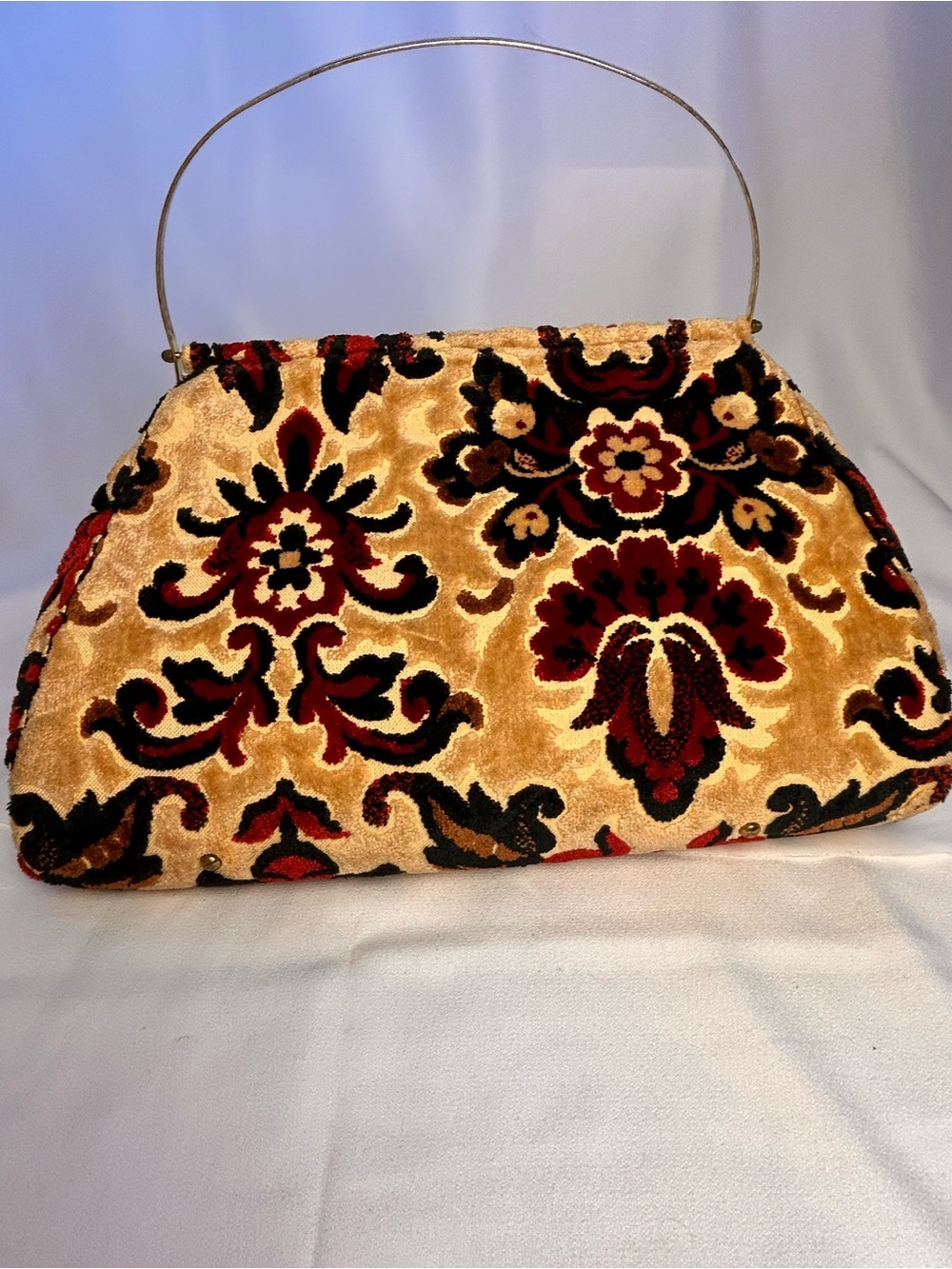 Vintage 1960s Floral Velvet Tapestry Carpet Bag Gold Frame Dark Academia Goth